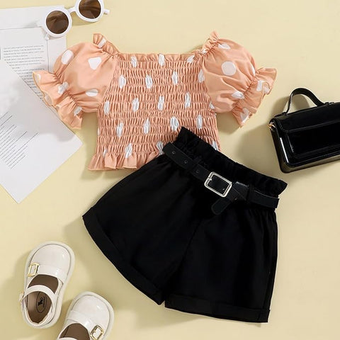 Girls Polka Dot Smocking Puff Sleeve Crop Top and Shorts with Black Belt Party Wear Set