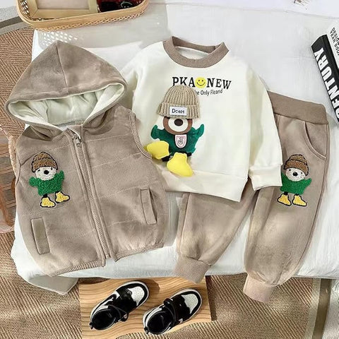Kids Cotton Blend Winter Warm Bear With 3D Cap Print Sweatshirt Jacket & Pant 3-Piece Set