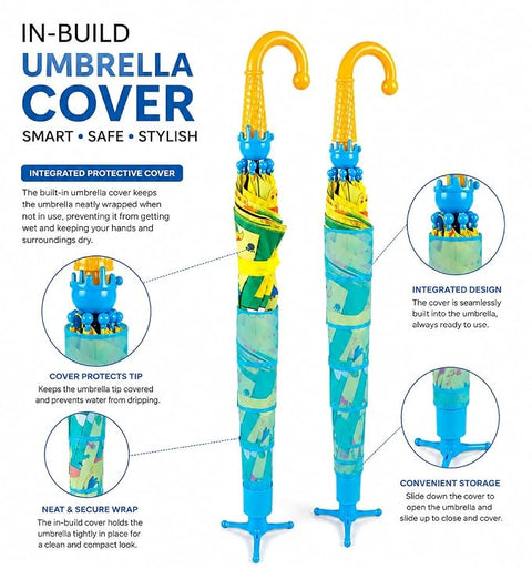 Kids Dino Print Rain Umbrella with Built-in Cover & Stand