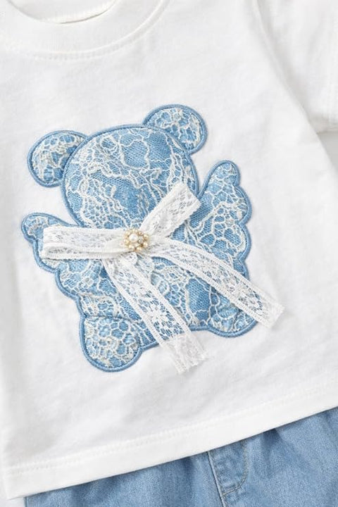 Adorable Bear Sequin Patch T-shirt and Denim Shorts Set for Infant Toddler Baby Girls