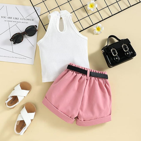 Girls Sleeveless Halter Neck Top and Contrast Shorts with Belt & Wallet, Partywear Co-ords Set