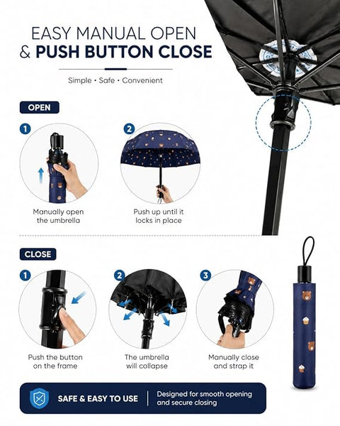 Bear Print 3 Fold Rain Umbrella | Travel Umbrella wid Cover