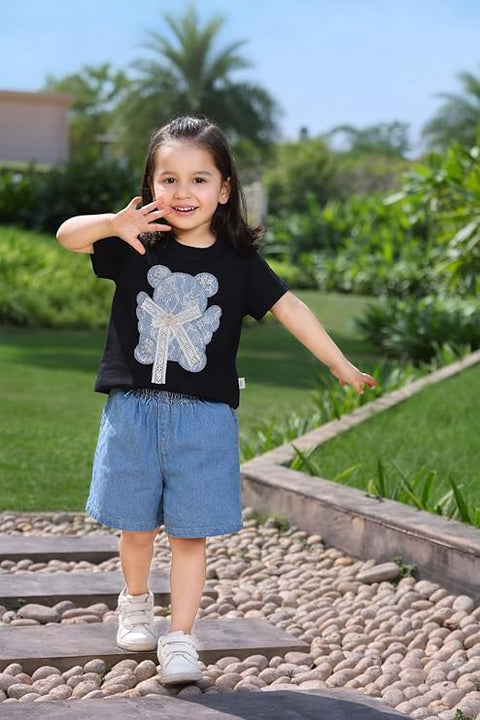 Adorable Bear Sequin Patch T-shirt and Denim Shorts Set for Infant Toddler Baby Girls