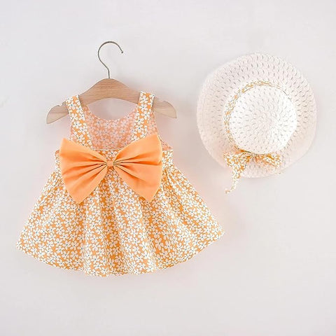 Girls Summer Sleeveless Cotton Floral Print Dress Frock with Hat