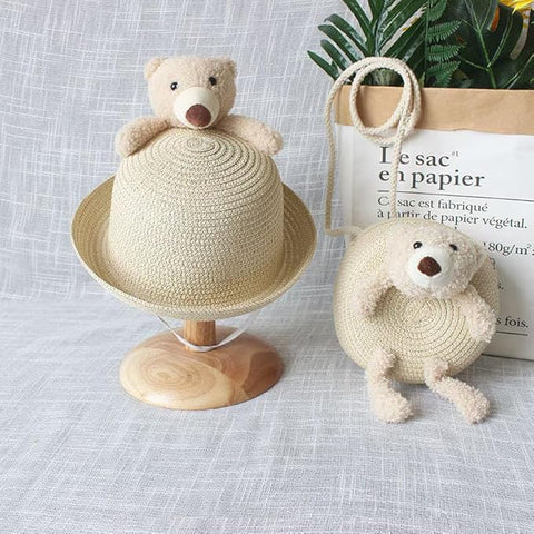 Cute Plush Bear Kids Straw Sun Hat N Sling Bag Combo for Girls 3-8 Years