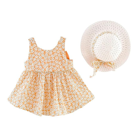 Girls Summer Sleeveless Cotton Floral Print Dress Frock with Hat