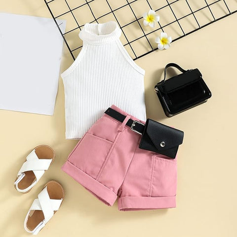 Girls Sleeveless Halter Neck Top and Contrast Shorts with Belt & Wallet, Partywear Co-ords Set