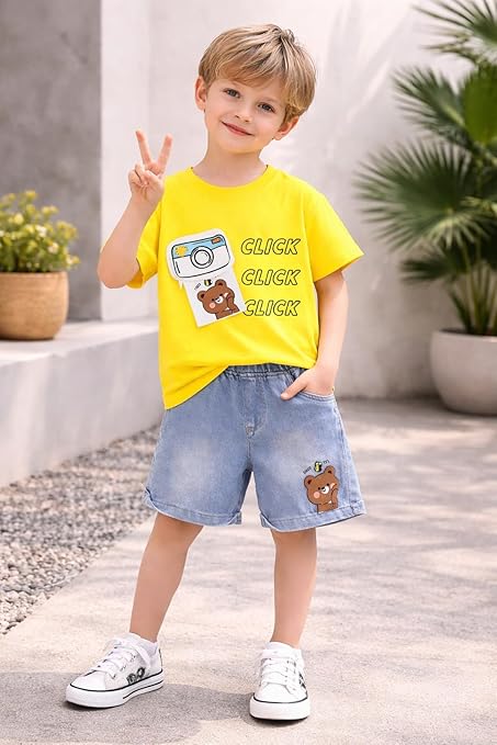 Kids Cotton T-Shirt & Denim Shorts Set with Camera & Bear Print