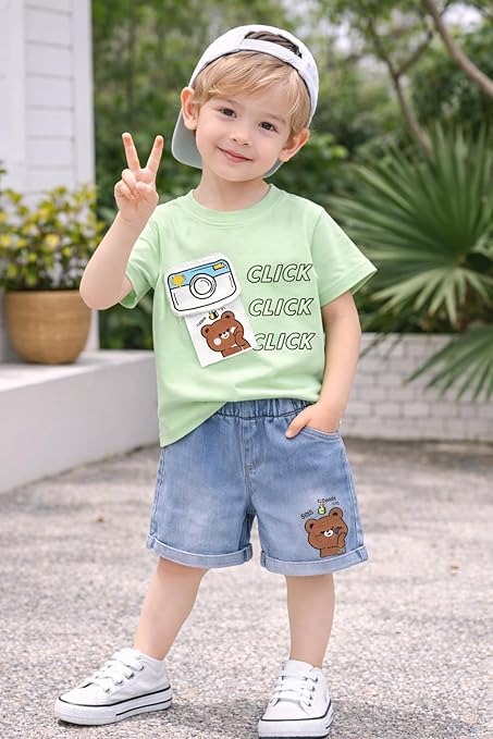 Kids Cotton T-Shirt & Denim Shorts Set with Camera & Bear Print