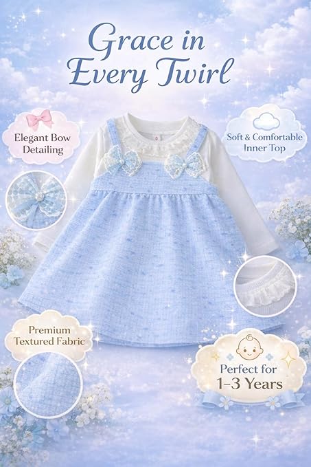 Baby Girls Self-Embroidered Full Sleeve Pinafore Frock Midi Dress T-shirt Tunic Set for Infant Girls