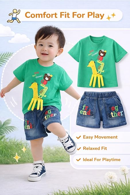 Kids Boys 2-Piece Summer Clothing Set with 3D Giraffe Applique