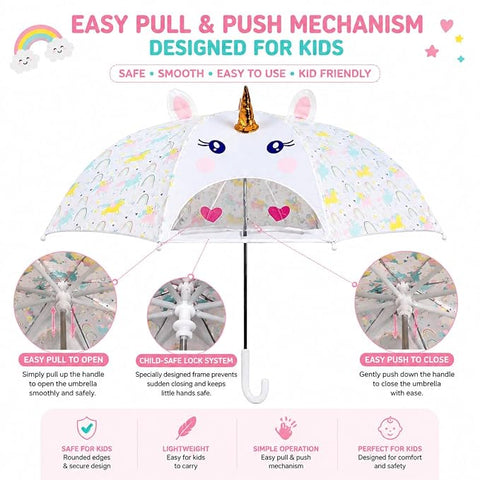 Kids 3D Unicorn Umbrella | No Pinch School Umbrella