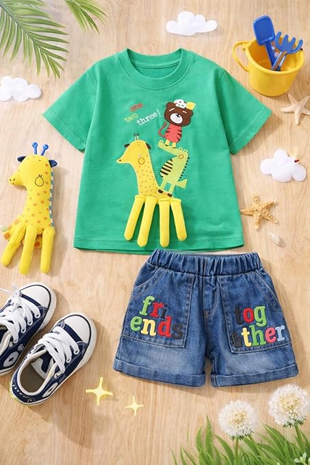 Kids Boys 2-Piece Summer Clothing Set with 3D Giraffe Applique