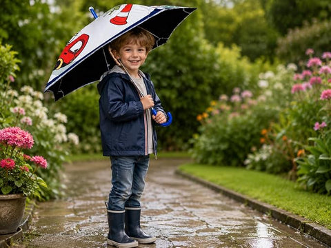 Kids Random Print Dark Blue Umbrella with Safe Rounded Edge & Rolling Wheel