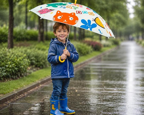 Kids Random Print Yellow Umbrella with Safe Rounded Edge & Rolling Wheel