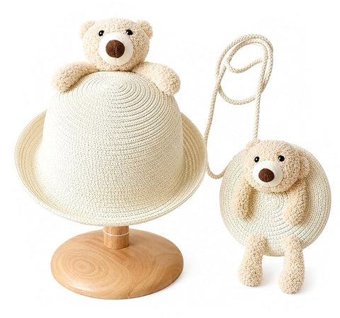 Cute Plush Bear Kids Straw Sun Hat N Sling Bag Combo for Girls 3-8 Years