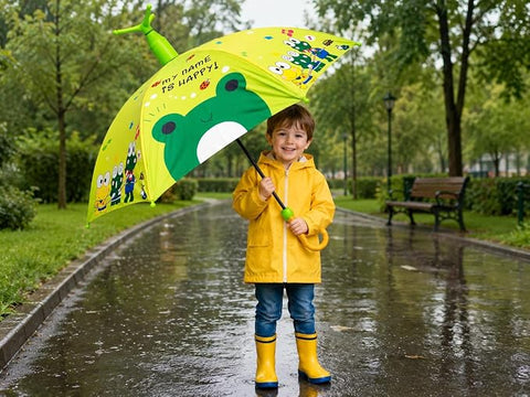 Kids Frog Print Rain Umbrella with Built-in Cover & Stand