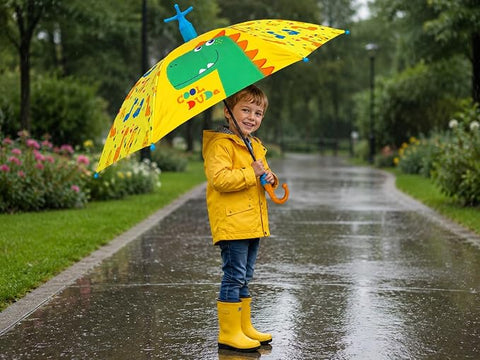 Kids Dino Print Rain Umbrella with Built-in Cover & Stand