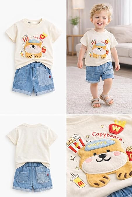 Kids Casual Graphic Tee & Denim Shorts Set