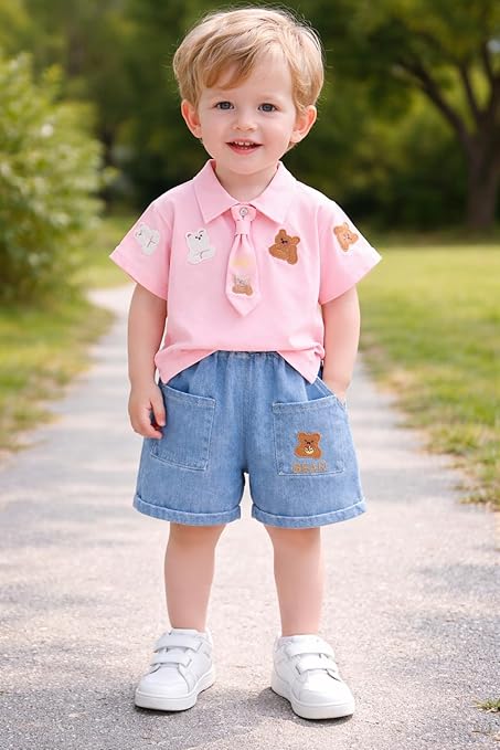 Boys Teddy Bear Embroidered Polo T-Shirt & Denim Shorts Co-Ord Set