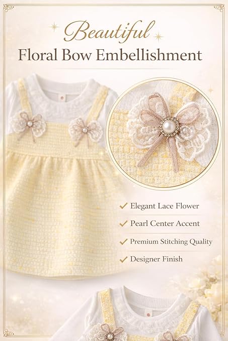 Baby Girls Self-Embroidered Full Sleeve Pinafore Frock Midi Dress T-shirt Tunic Set for Infant Girls