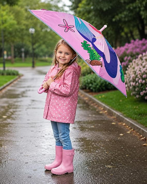 Kids Random Print Pink Umbrella with Safe Rounded Edge & Rolling Wheel