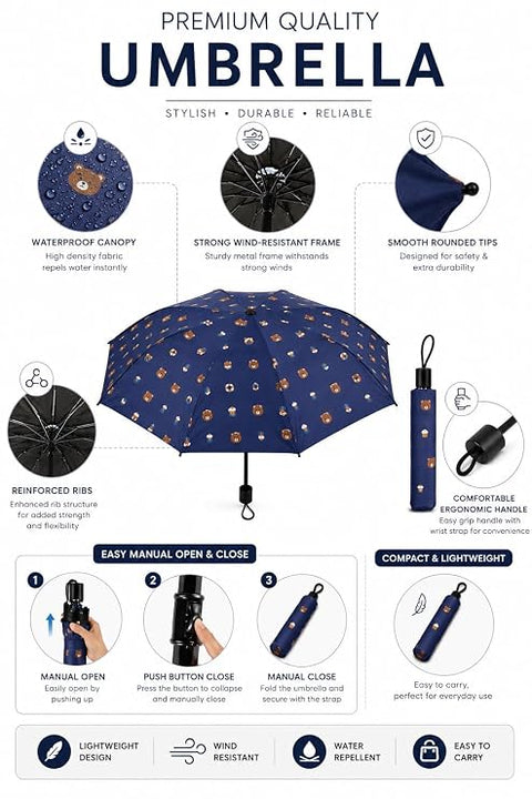 Bear Print 3 Fold Rain Umbrella | Travel Umbrella wid Cover