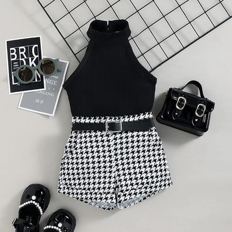 Girls Ribbed Halter Neck Top and Houndstooth Shorts with Belt Wallet Party Dress
