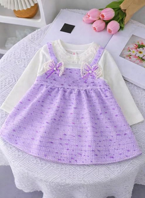 Baby Girls Self-Embroidered Full Sleeve Pinafore Frock Midi Dress T-shirt Tunic Set for Infant Girls