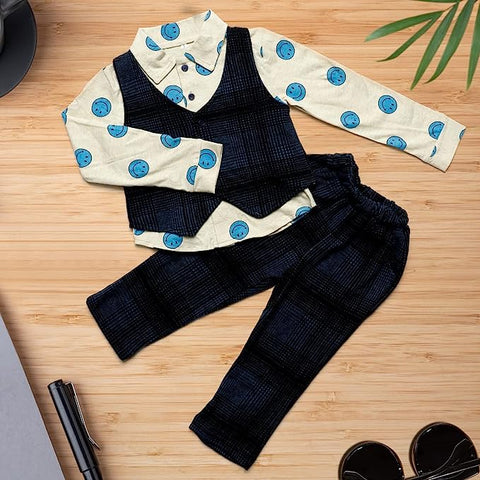 Cute Smiley Printed Shirt with Waistcoat & Pants 3 pc Clothing Set for Infant Toddler Boys
