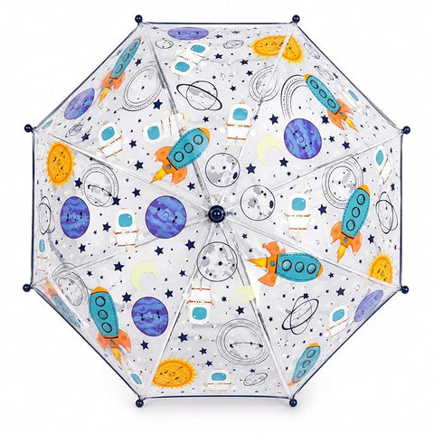 Clear Cute Space Print Kids Umbrella with Anti Pinch Runner