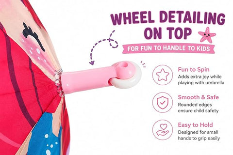 Kids Random Print Pink Umbrella with Safe Rounded Edge & Rolling Wheel