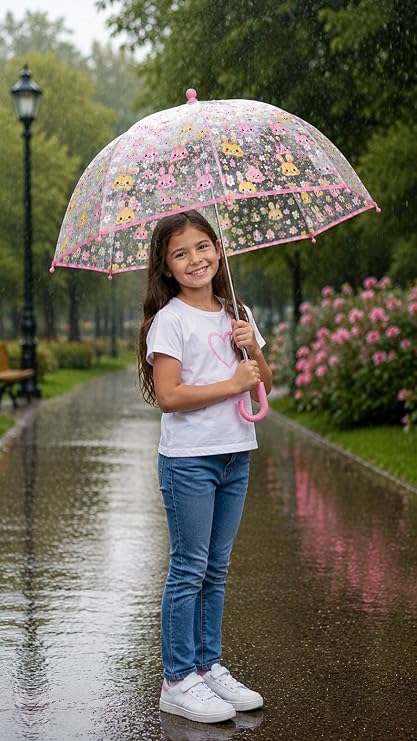 Clear Cute Bunny Print Kids Umbrella with Anti Pinch Runner