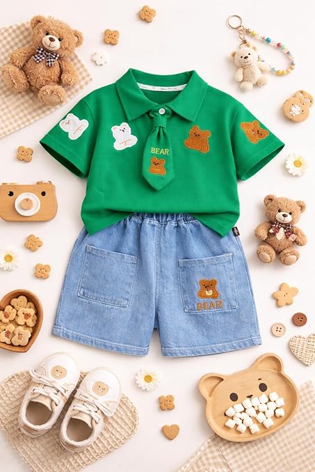 Boys Teddy Bear Embroidered Polo T-Shirt & Denim Shorts Co-Ord Set