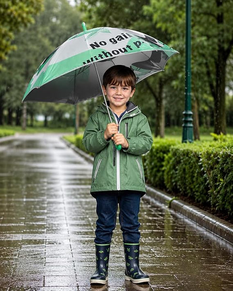 Kids Random Print Green Umbrella with Safe Rounded Edge & Rolling Wheel