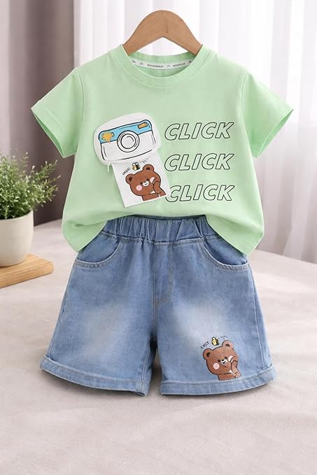Kids Cotton T-Shirt & Denim Shorts Set with Camera & Bear Print