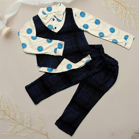 Cute Smiley Printed Shirt with Waistcoat & Pants 3 pc Clothing Set for Infant Toddler Boys