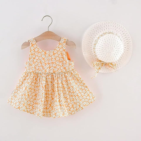 Girls Summer Sleeveless Cotton Floral Print Dress Frock with Hat