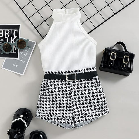 Girls Ribbed Halter Neck Top and Houndstooth Shorts with Belt Wallet Party Dress