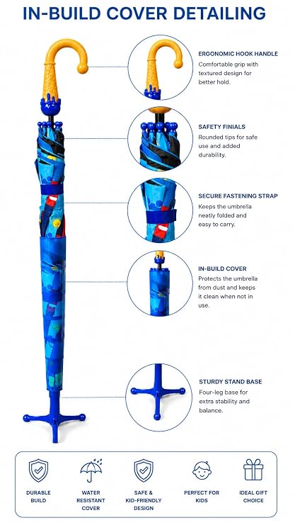 Kids Cartoon Car Rain Umbrella with Built-in Cover & Stand