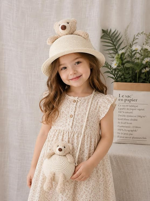 Cute Plush Bear Kids Straw Sun Hat N Sling Bag Combo for Girls 3-8 Years