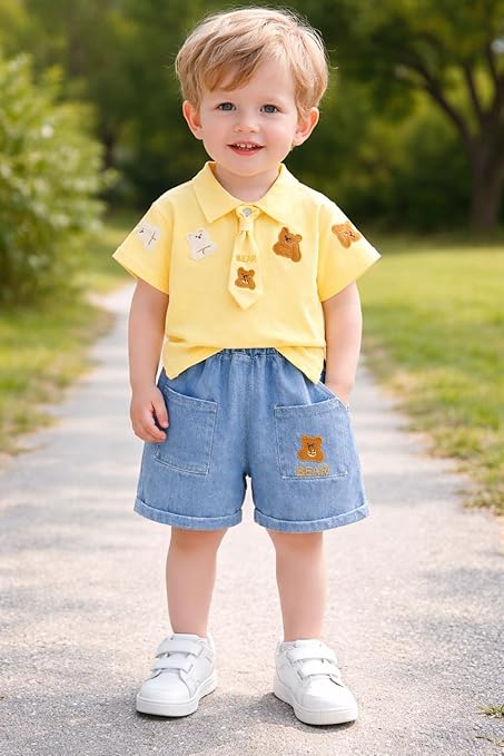 Boys Teddy Bear Embroidered Polo T-Shirt & Denim Shorts Co-Ord Set