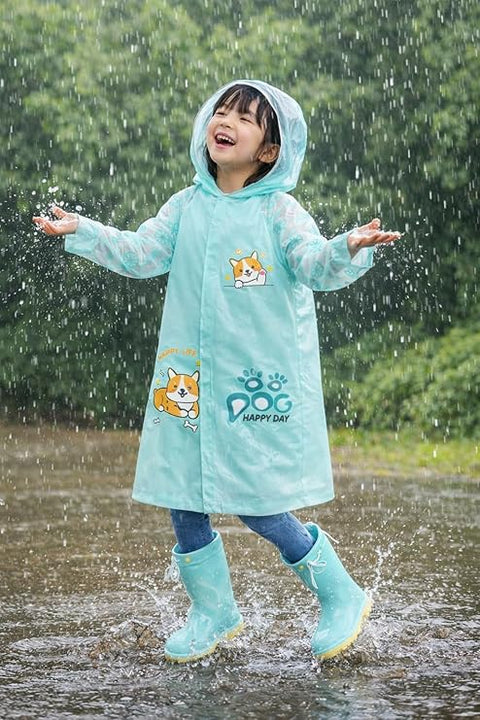 Kids Cartoon Print Hooded Raincoat With Storage Bag