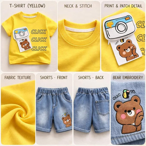 Kids Cotton T-Shirt & Denim Shorts Set with Camera & Bear Print