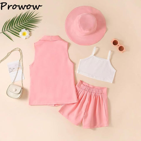 Girl’s Crop Spaghetti Top with Sleeveless Lapel Collar Coat, Hat & Shorts 4 Piece Co-ords Set