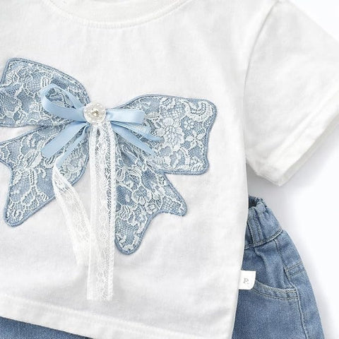Girl Half Sleeve Bow Lace T-Shirt with Shorts