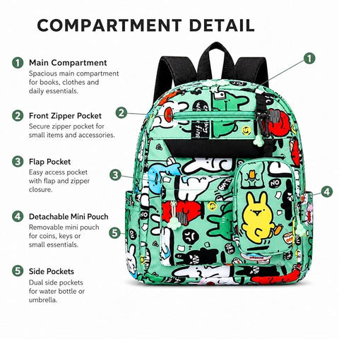 Cartoon Graffiti School Backpack with Detachable Pouch
