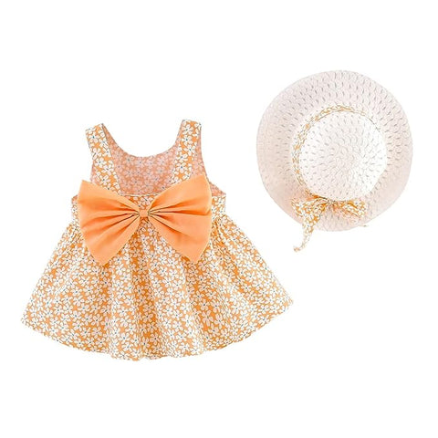 Girls Summer Sleeveless Cotton Floral Print Dress Frock with Hat