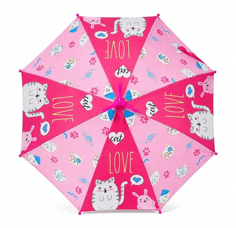 Kids Cat Print Rain Umbrella with Built-in Cover & Stand