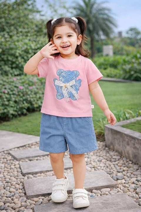 Adorable Bear Sequin Patch T-shirt and Denim Shorts Set for Infant Toddler Baby Girls